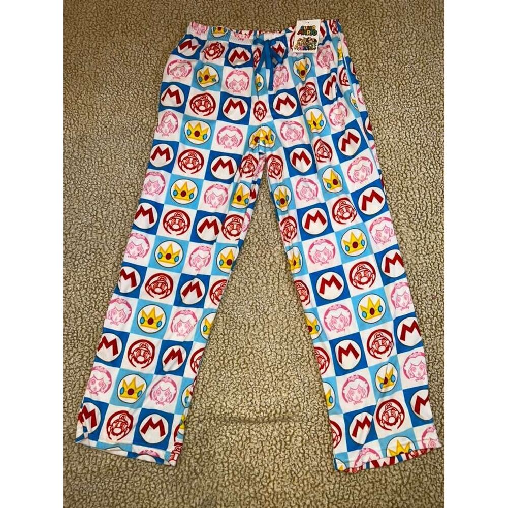 Super Mario Pajama Pants Mens M Blue Fleece Lounge Nintendo Mario Peach NWT